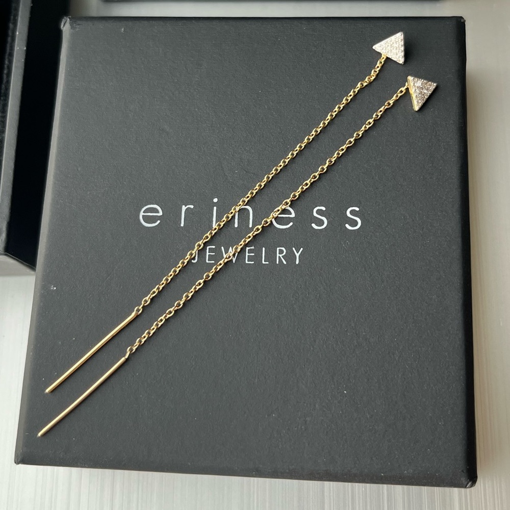 NWT Eriness Solid 14K Yellow Gold Pave Diamond Triangle Threader Earrings